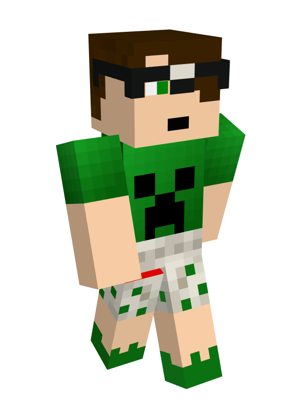 Mike's original skin. He has light skin, dark brown hair that is falling into his face, and green eyes. He wears a green shirt with the minecraft creeper face on it, and white shorts with green polka dots that many interpret as boxers. He also wears green slippers and black nerdy glasses that are taped around the bridge.